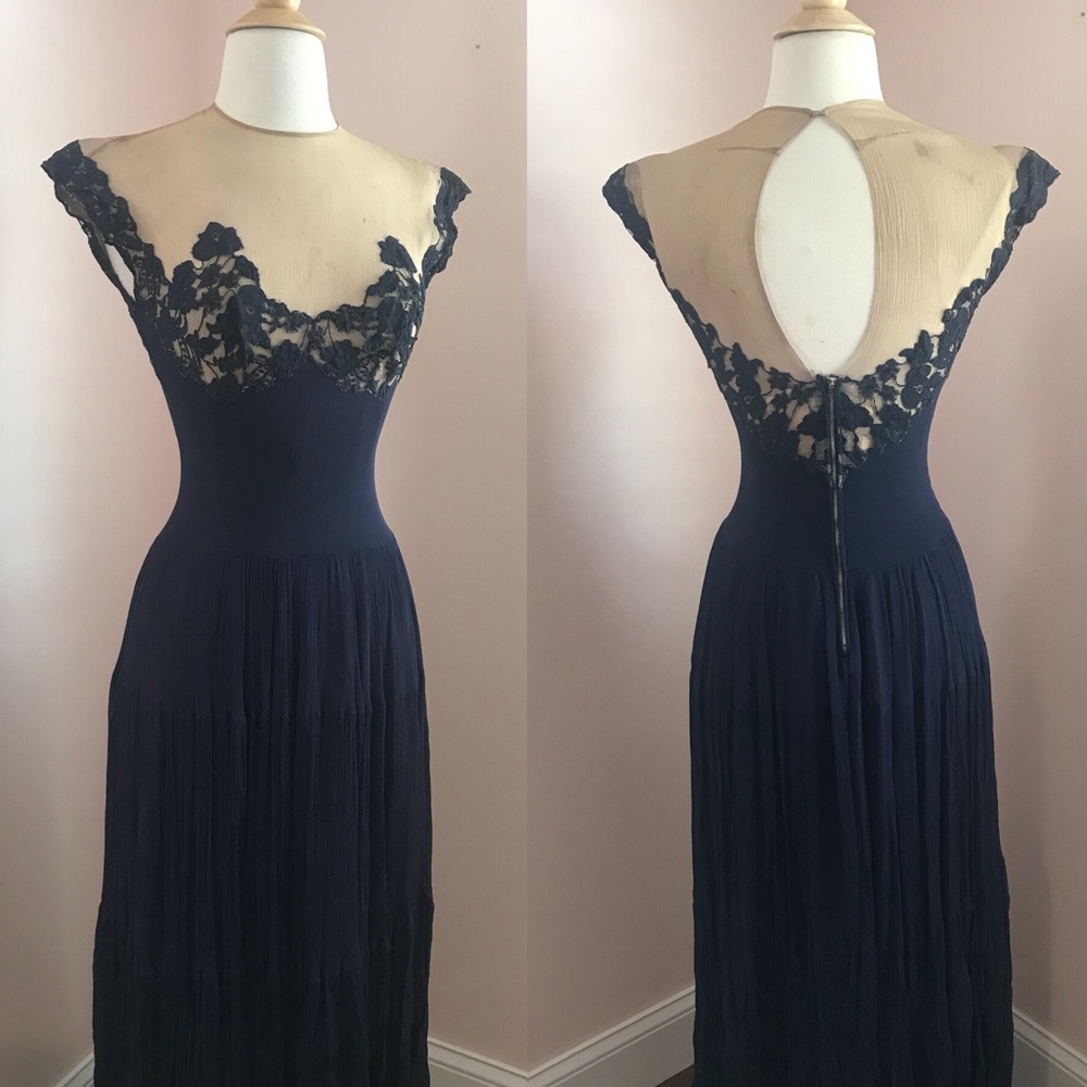 Vintage 1940s lace illusion evening gown navy 2 4